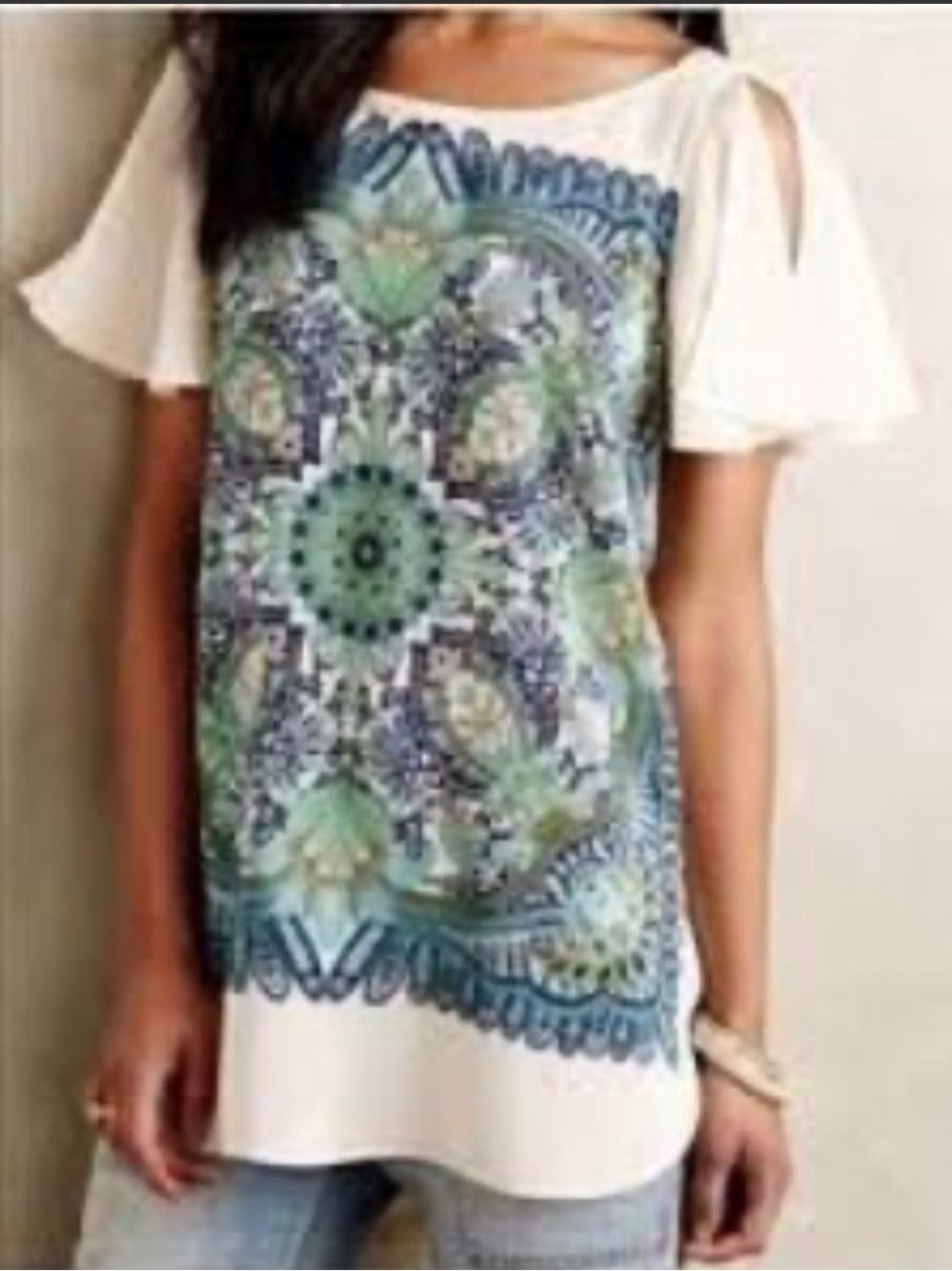 MAEVE ANTHROPOLOGIE MEDALLION 100% SILK BLOUSE HIGH LOW FLUTTER SLEEVE SZ MED